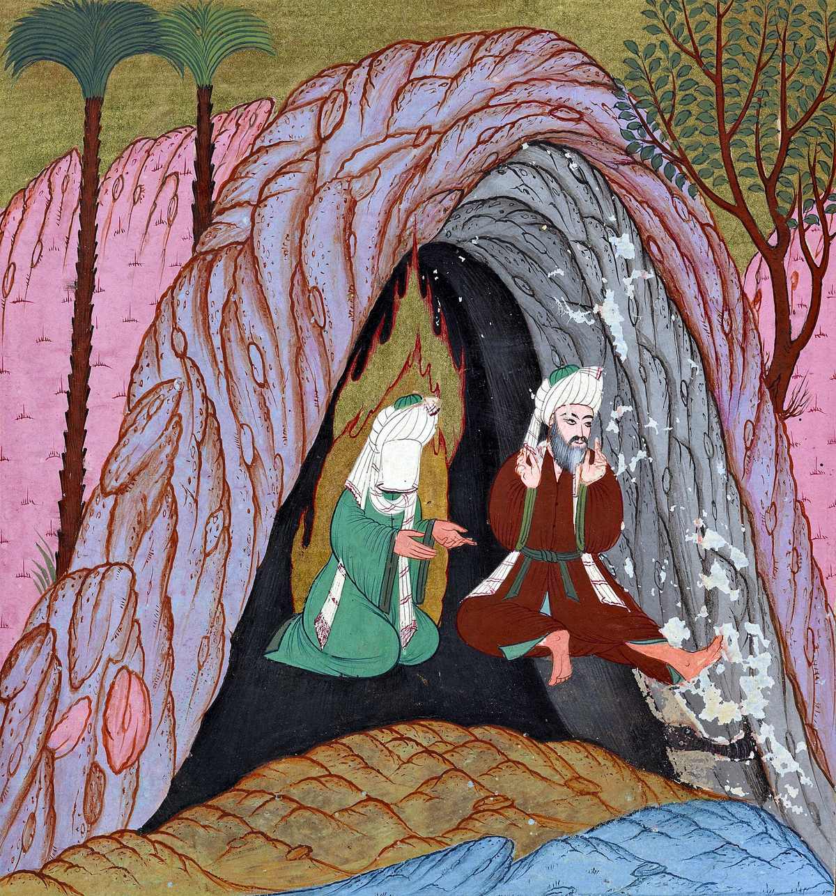 Cave of Thor — New York Public Library, Spencer Collection Turk. MS. 3 Siyar-i Nabî fol.296r Muhammad and Abu Bakr in Thawr cave.jpg